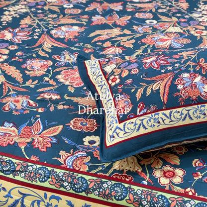 Navy Blue and Multicolour Floral Jaal Super King Cotton Bedsheet