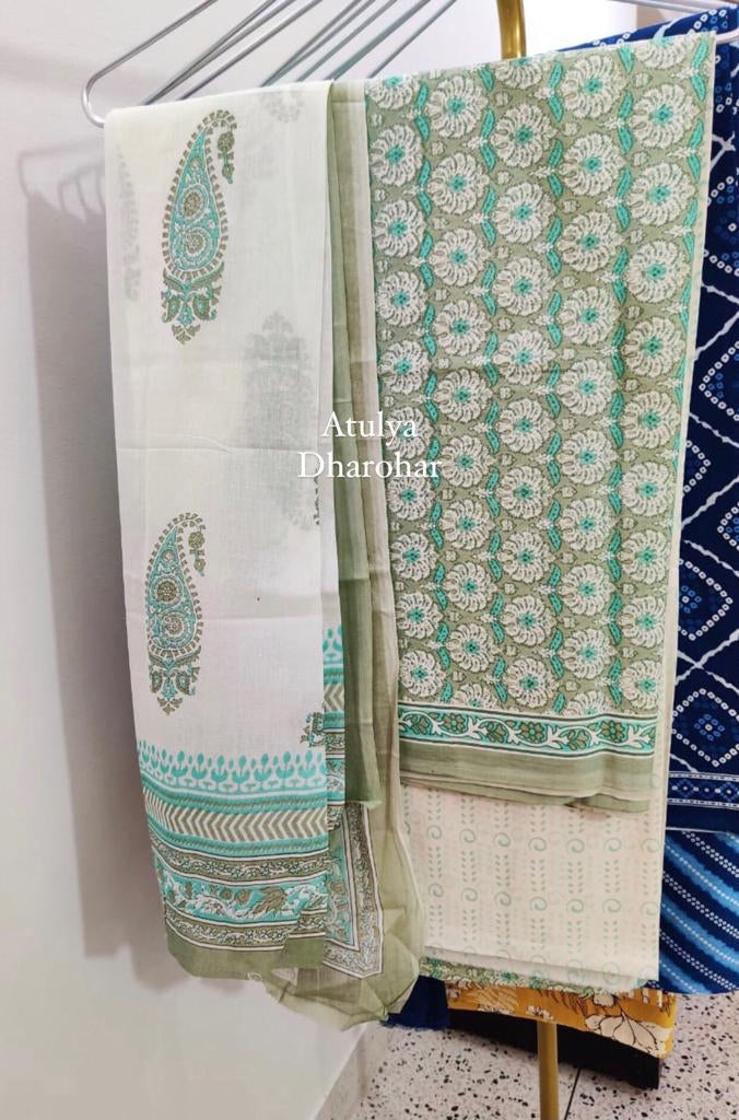 Green Suit Fabric with Cotton Dupatta