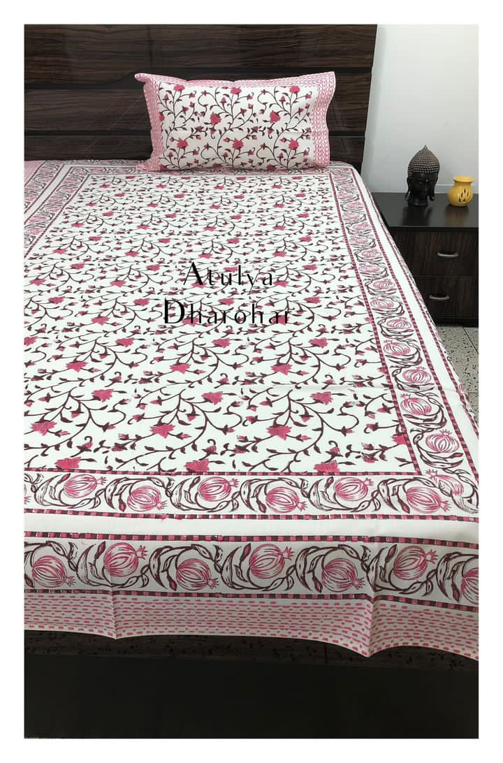 Pink Floral Jaal Single Hand Block Bedsheet