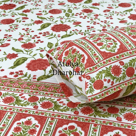 Orangish Red and Green Floral Jaal Super King Cotton Bedsheet