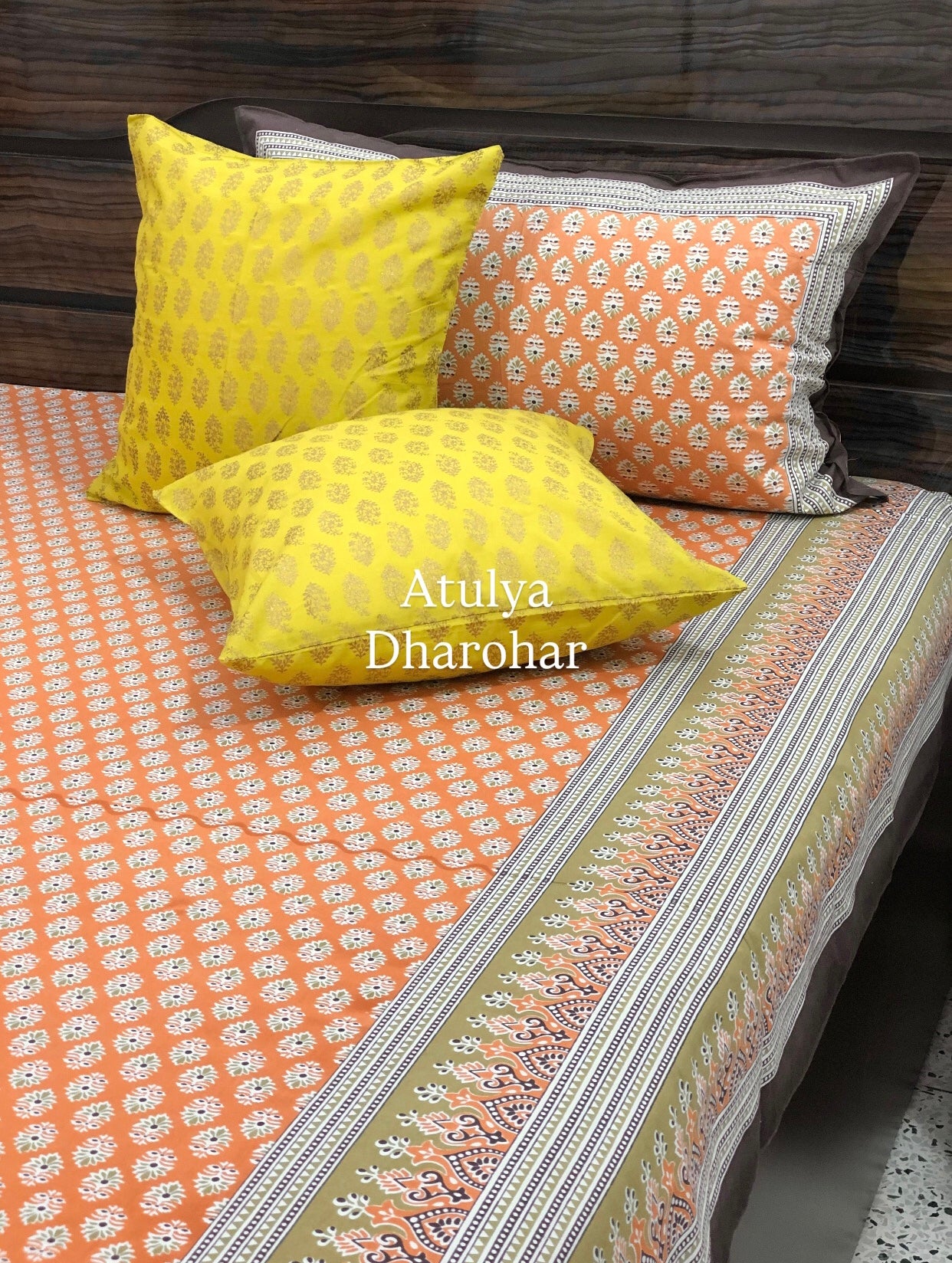 Orange Butti Cotton King Size Bedsheet