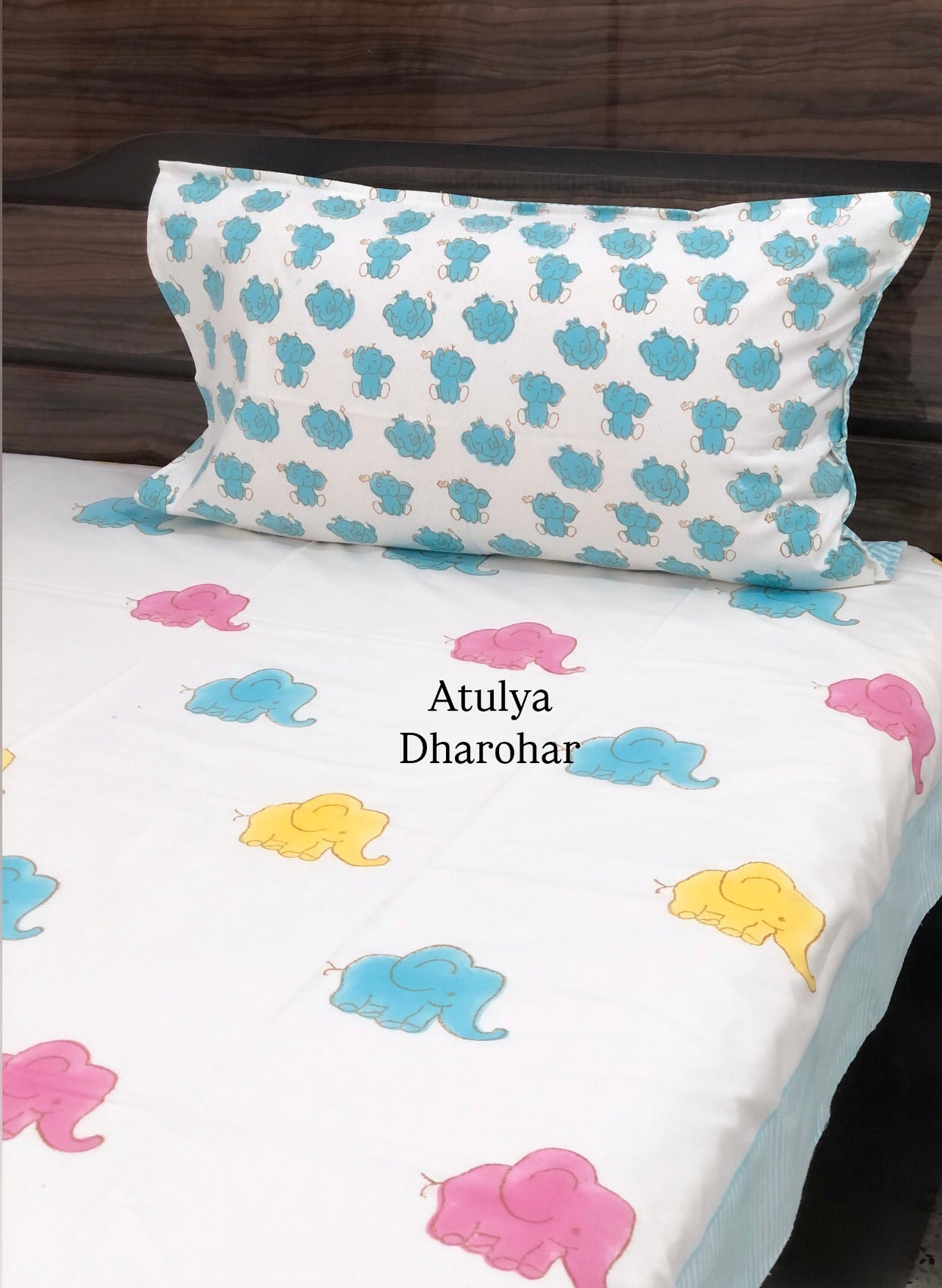 Colourful Elephants Kids Hand Block Printed Single Bedsheet