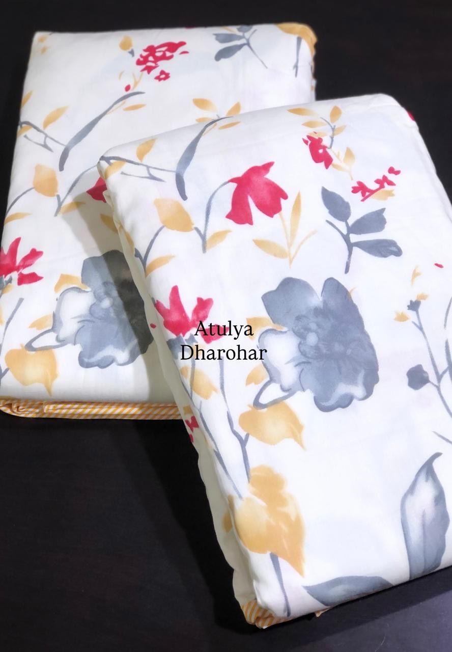 Grey and Red Floral Mulmul Single Dohar Pair