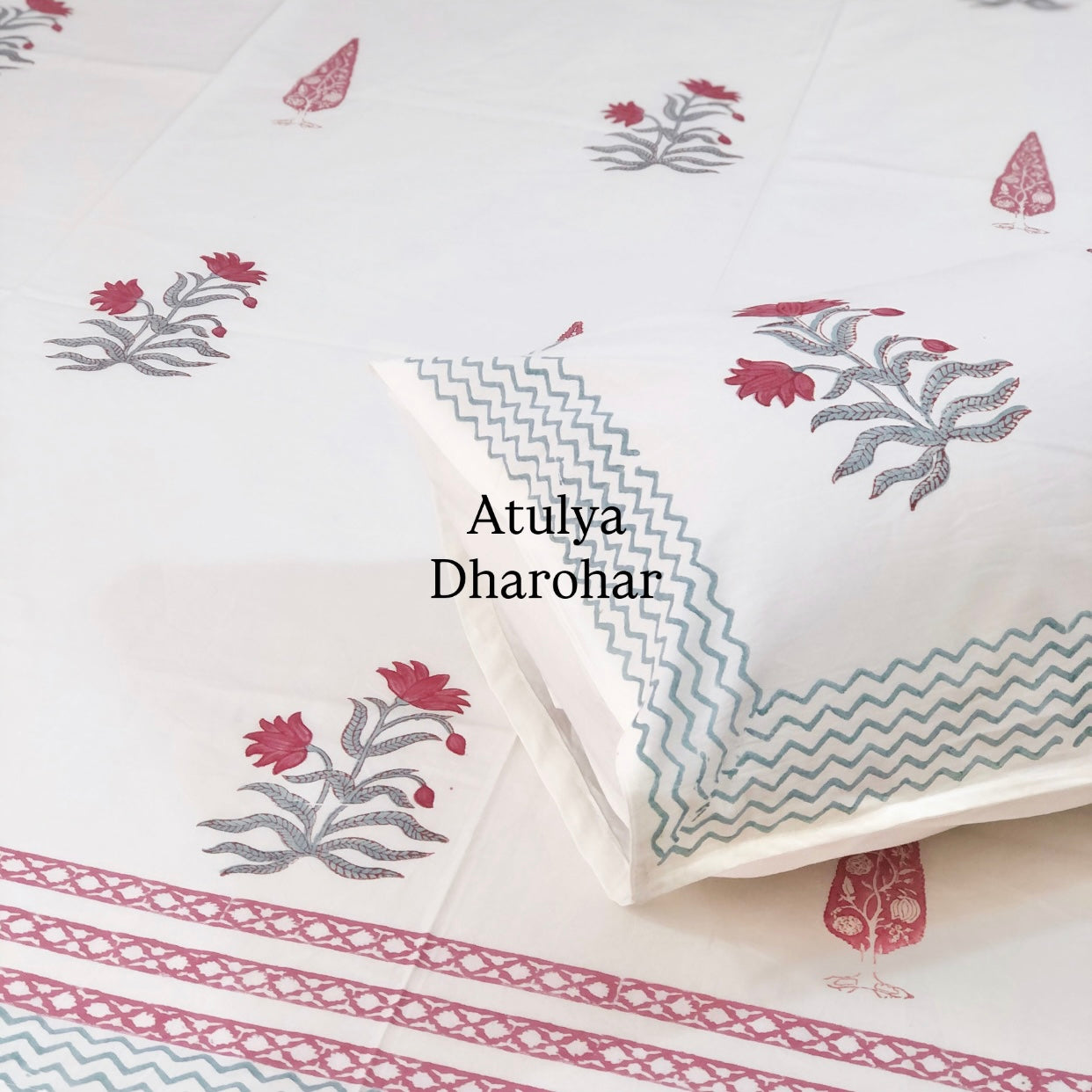 Red Floral Motifs Percale Cotton Hand Block Super King Bedsheet