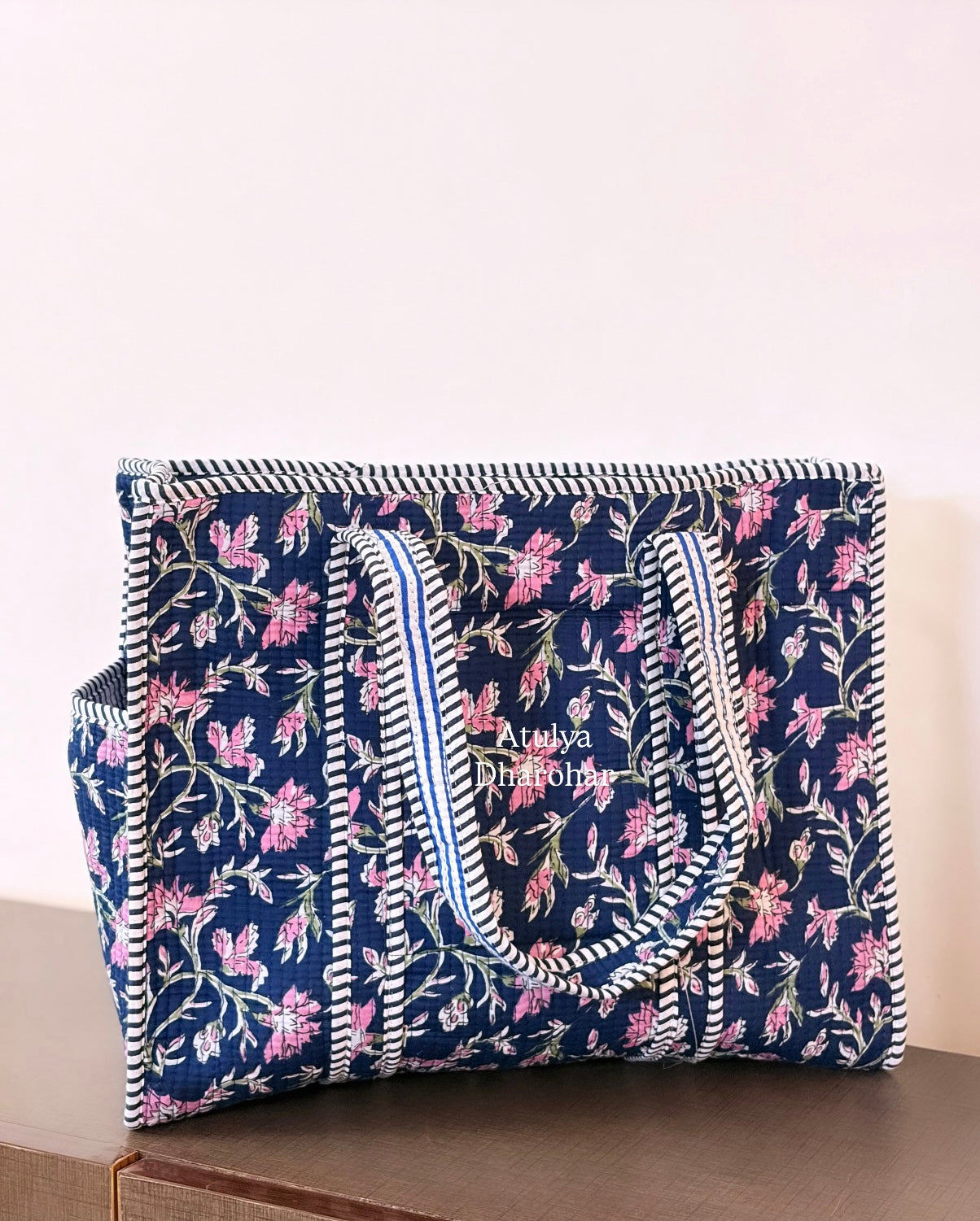 Blue and Pink Floral Medium Tote Bag with Zip