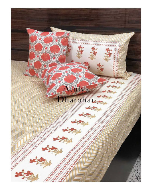 Mustard Zigzag with Floral Motifs Bedsheet