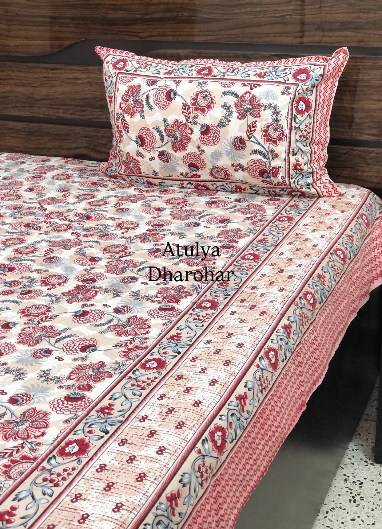 Red and Grey Floral Jaal Cotton King Size Bedsheet