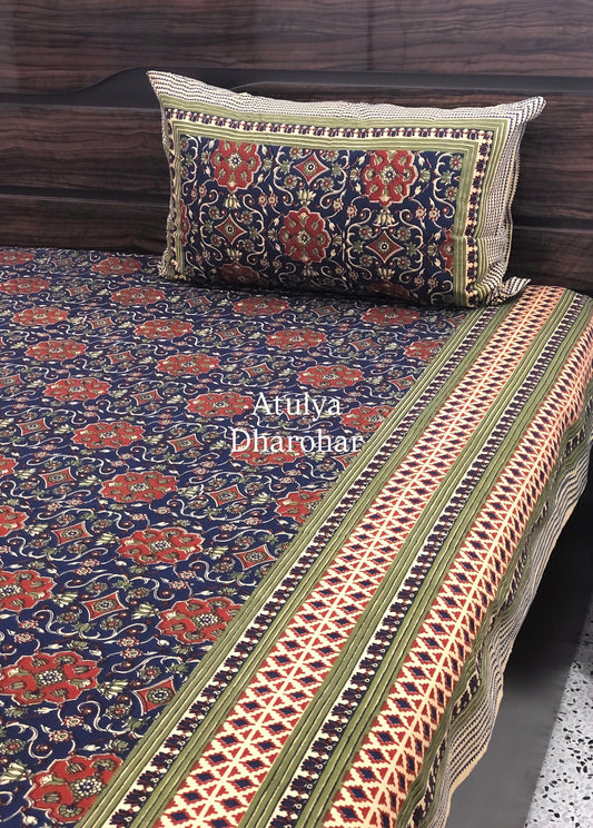 Indigo and Red Kalamkari Cotton King Size Bedsheet