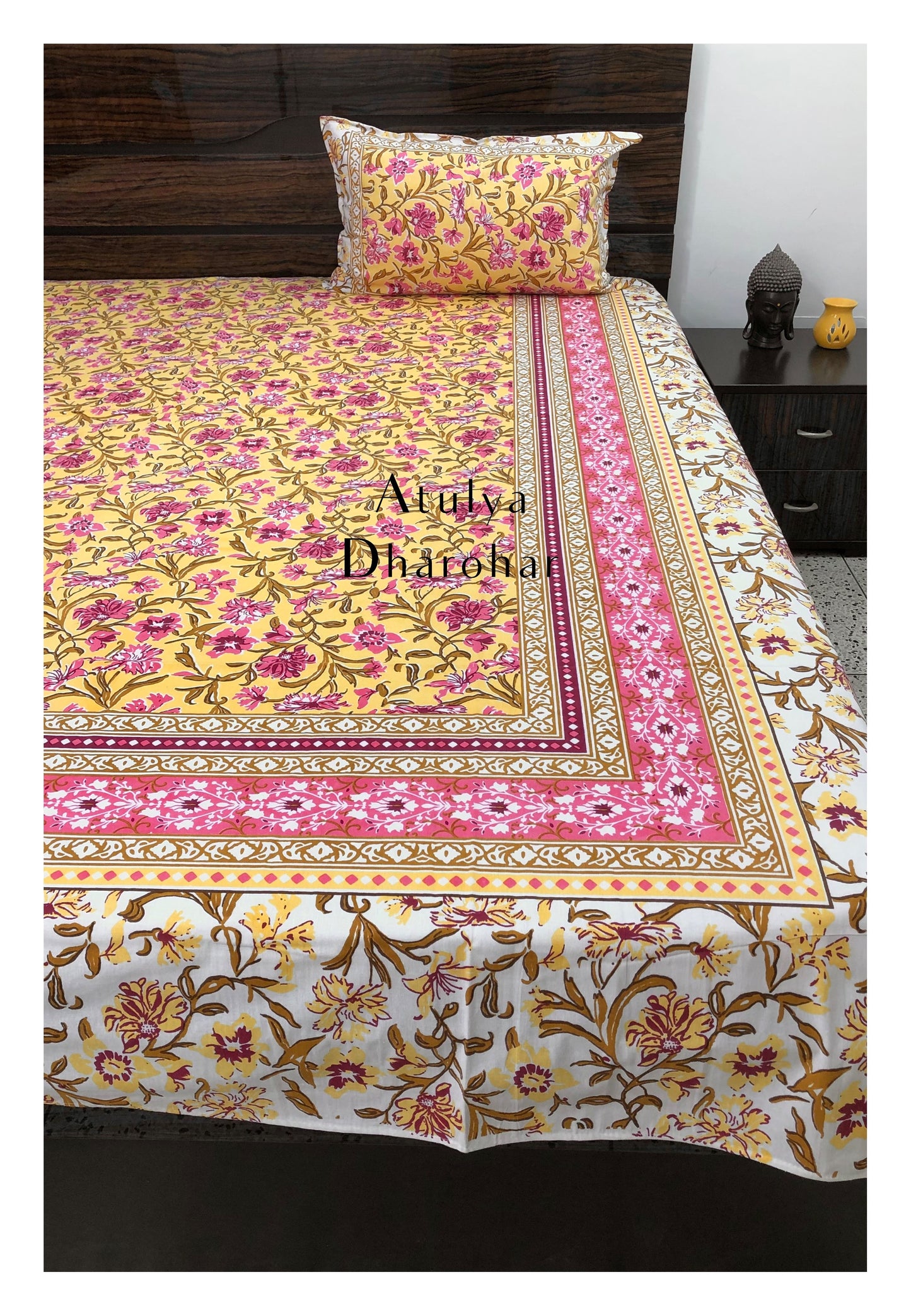 Yellow Floral Jaal Cotton Single Bedsheet