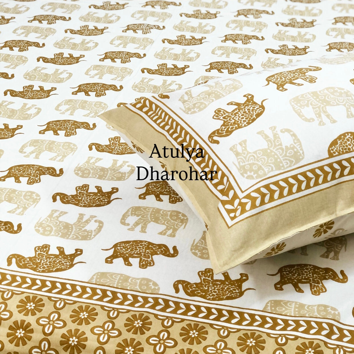 Golden Brown Elephant Motifs Cotton King Size Bedsheet