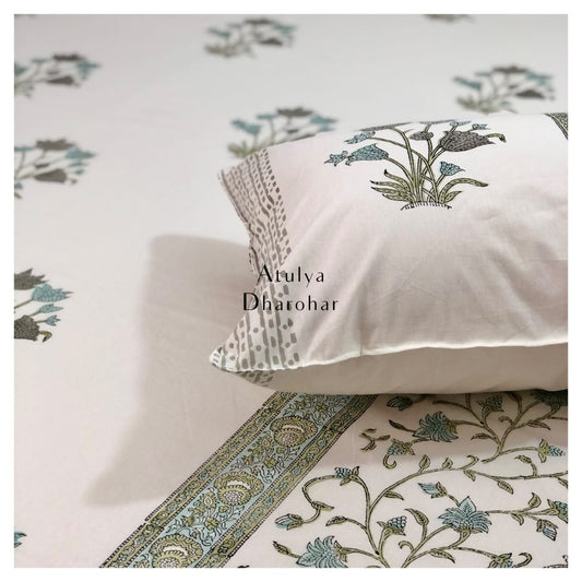 Designer Green and Turquoise Floral Hand Block Super King Bedsheet