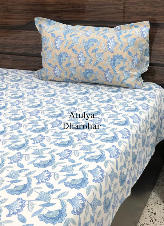 Blue Floral Jaal Cotton King Size Bedsheet
