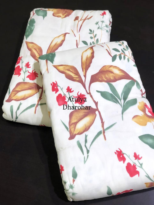 Red and Brown Floral Mulmul Single Dohar Pair