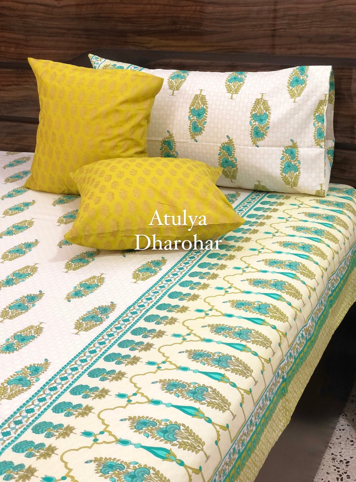 Green and Teal Blue Floral Motifs Bedsheet