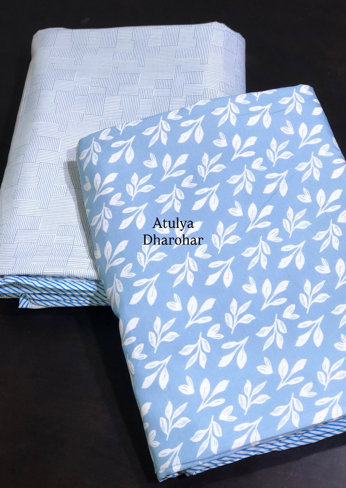 Blue Leaves Motifs Cambric Cotton Single Dohar Pair