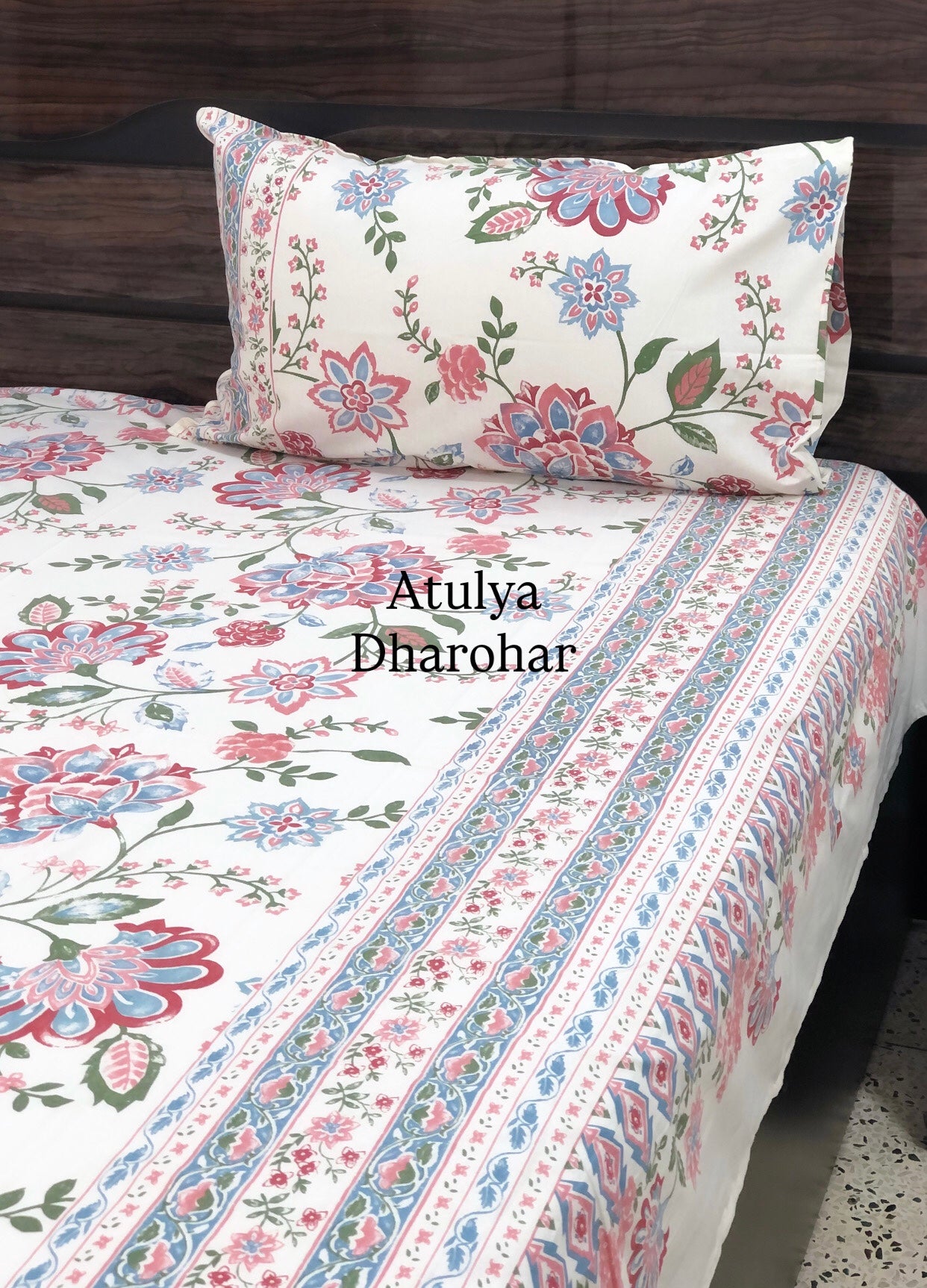 Blue and Pink Floral Jaal Cotton Super King Bedsheet