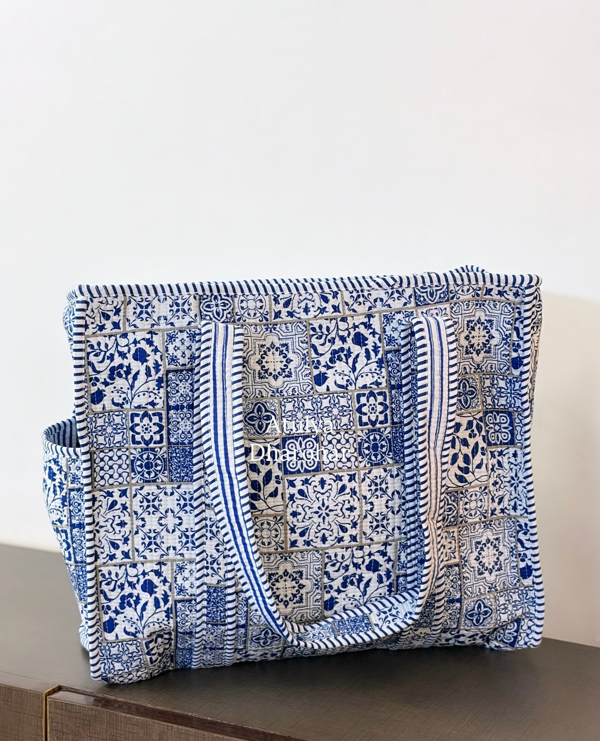 Blue Patchwork Look Medium Tote Bag with Zip