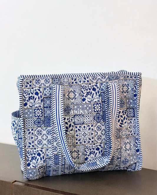 Blue Patchwork Look Medium Tote Bag with Zip