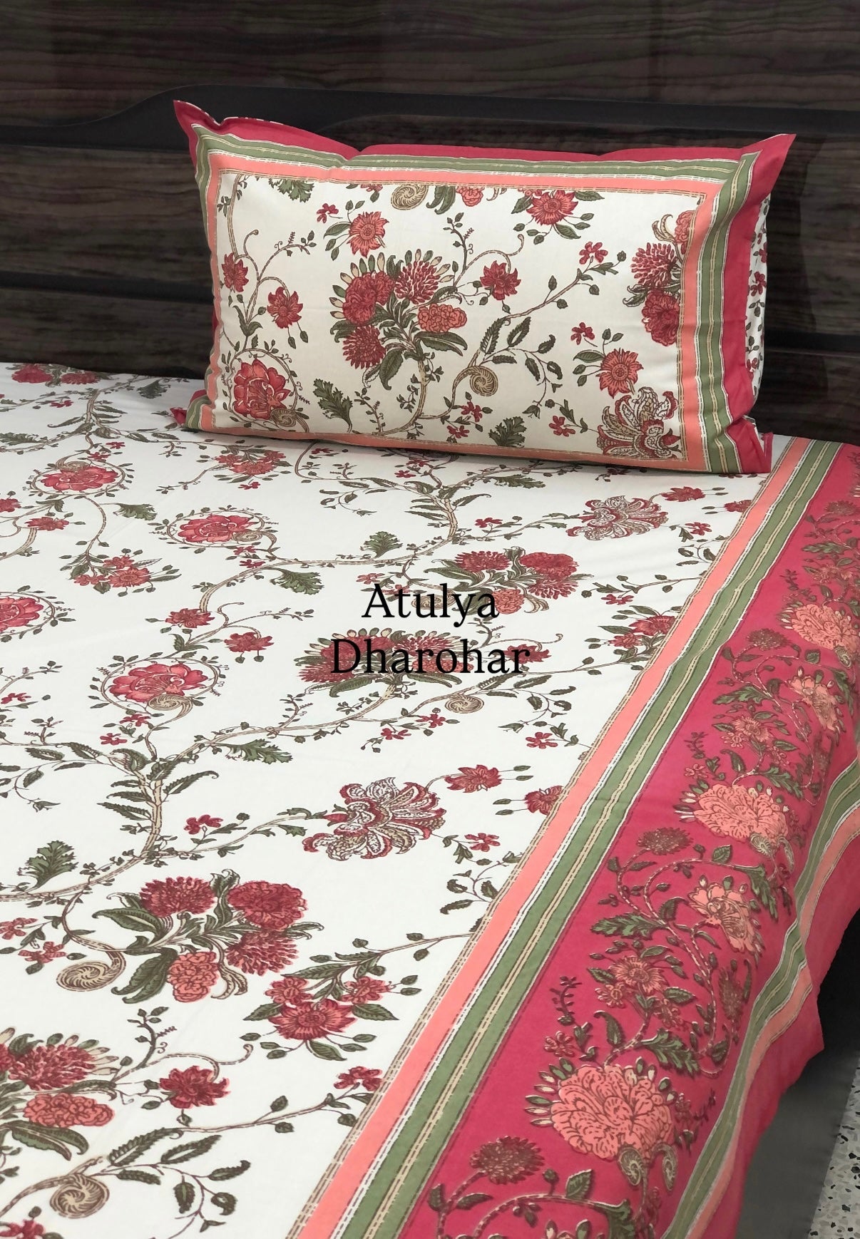 Pink and Green Floral Jaal Cotton Super King Bedsheet