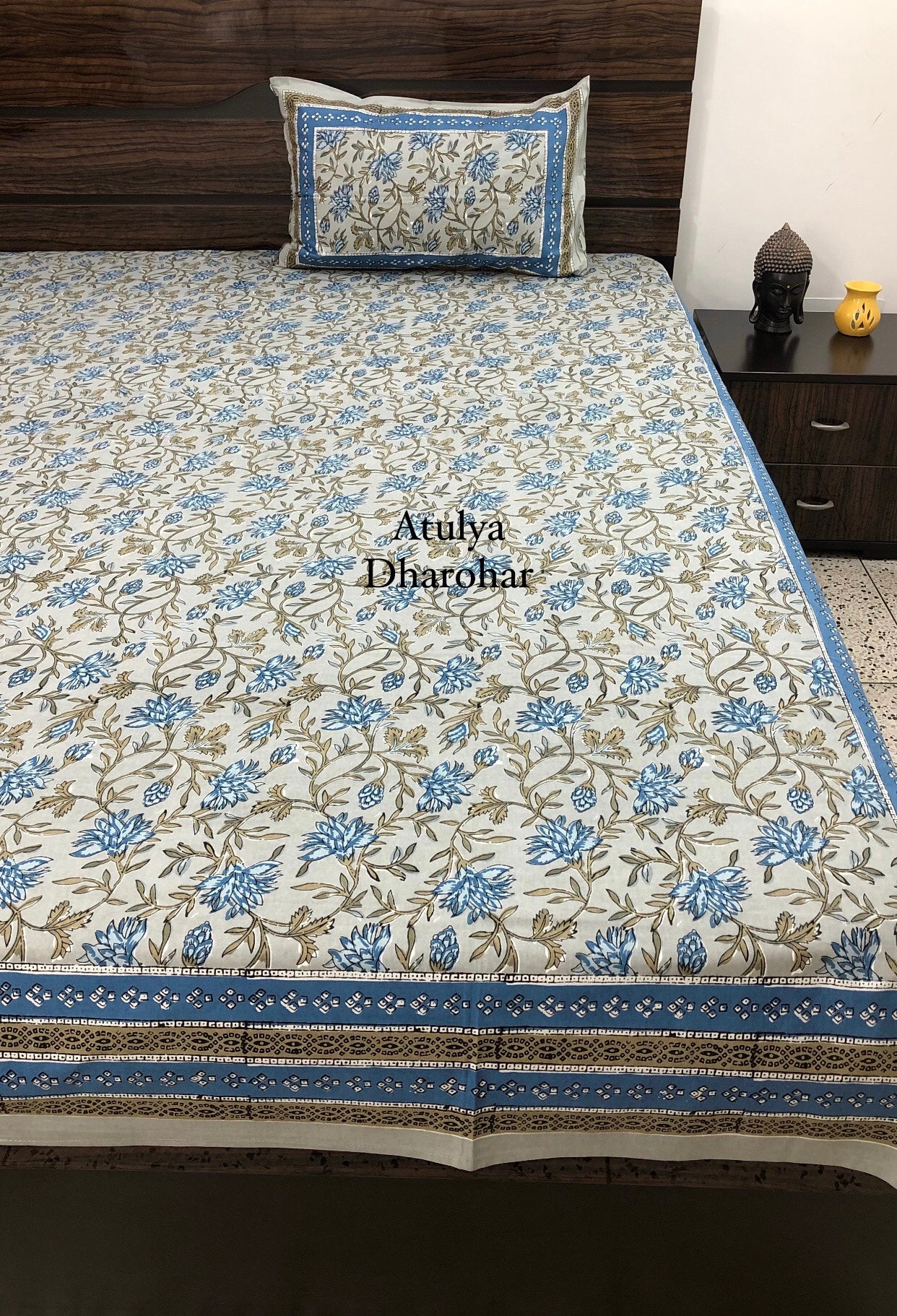 Blue and Grey Floral Jaal Bedsheet