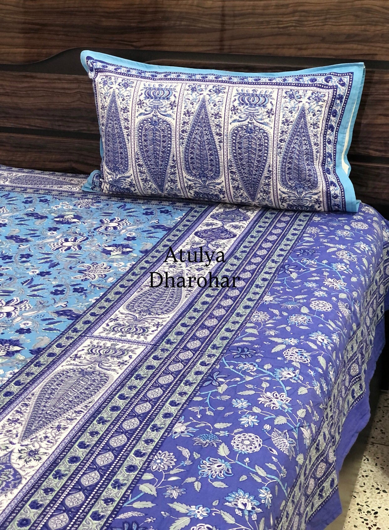 Blue Floral Jaal Cotton Super King Bedsheet
