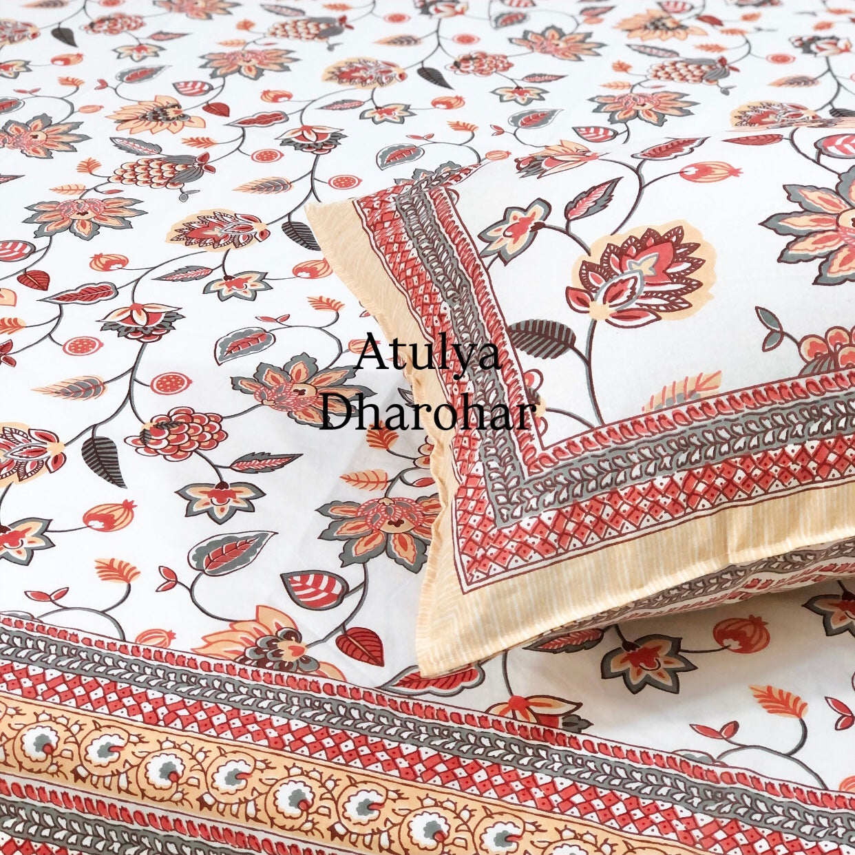 Red Floral Jaal Cotton Super King Bedsheet