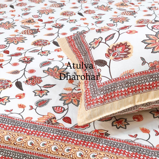 Red Floral Jaal Cotton Super King Bedsheet