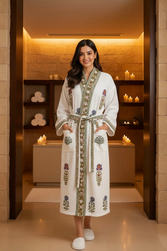 Multicolour Floral Motifs Hand Block Printed Waffle Cotton Bathrobe