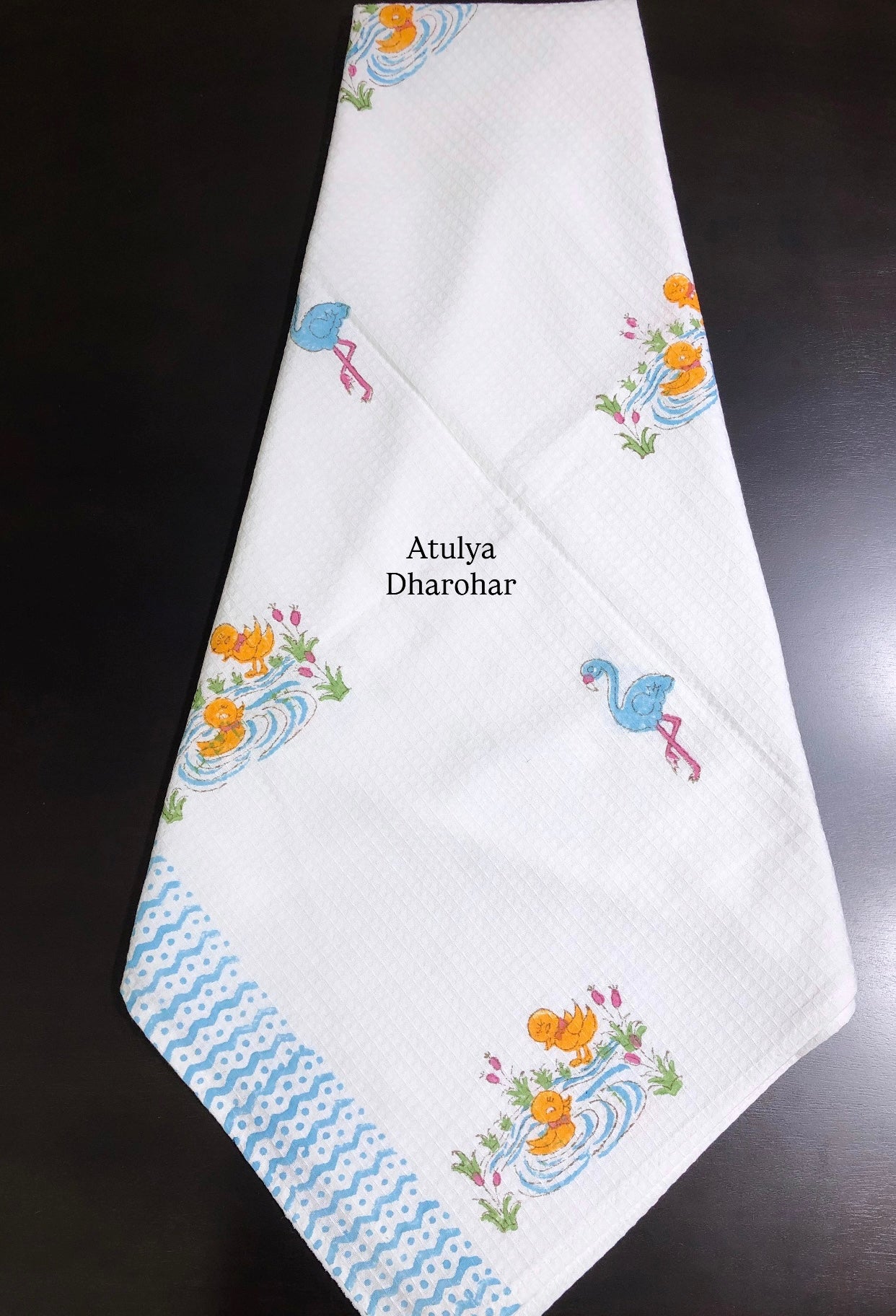 Flamingo and Ducks Hand Block Printed Waffle Cotton Kids Towel