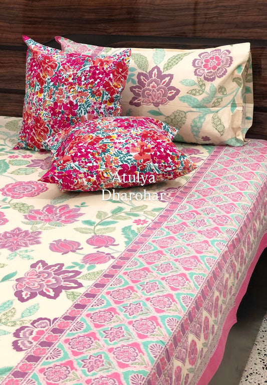 Purple Floral Cotton Super King Bedsheet