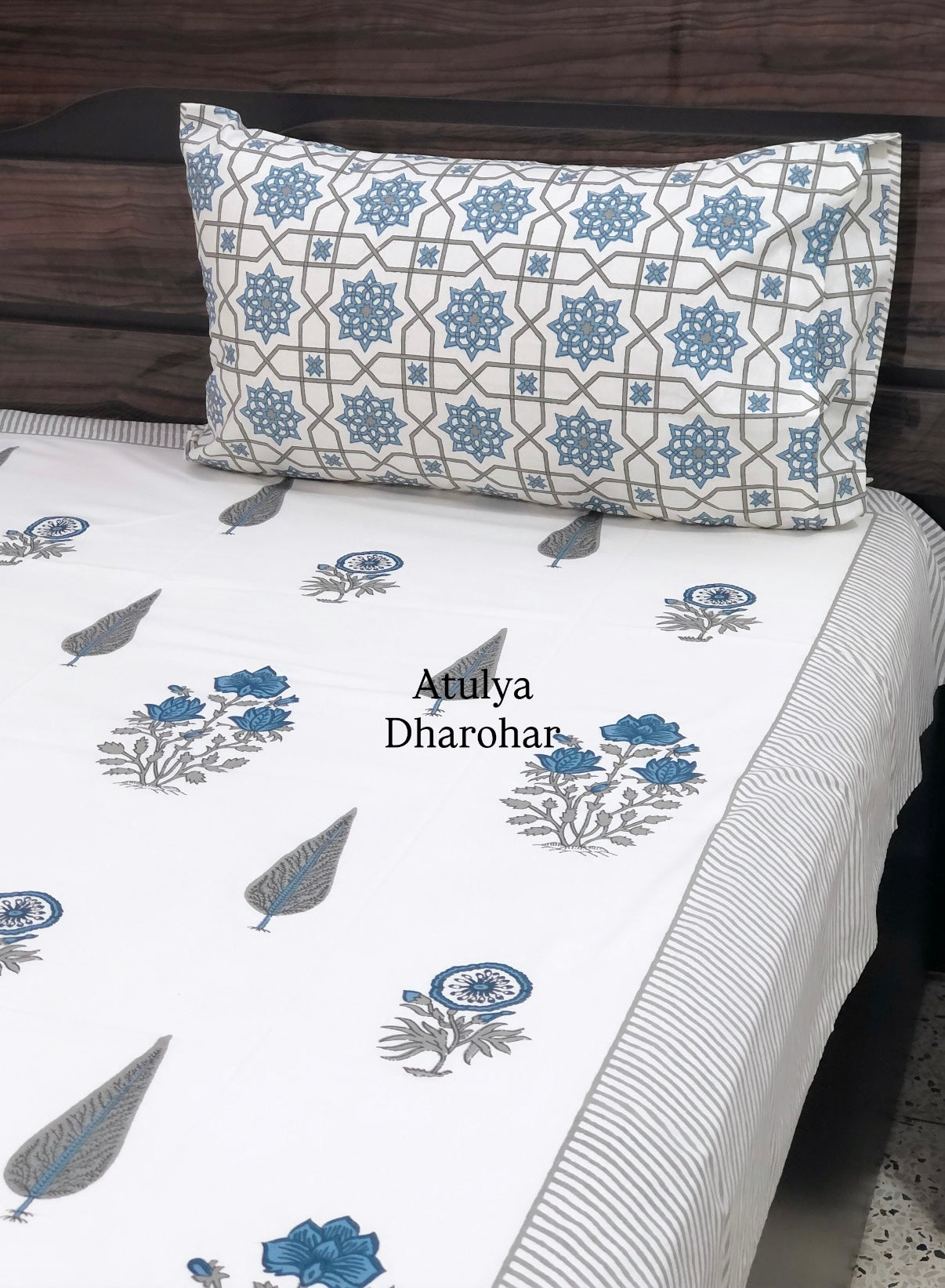 Blue and Grey Floral Motifs Cotton Single Bed Bedsheet