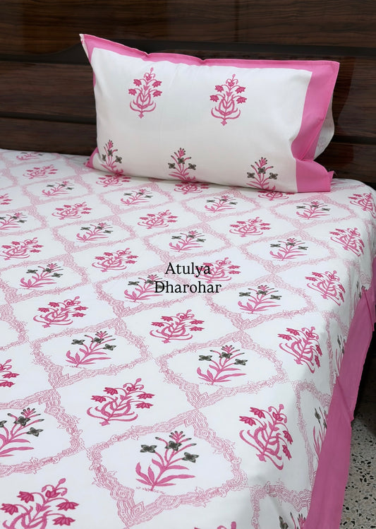 Pink Floral Mughal Jaal Cotton Super King Bedsheet