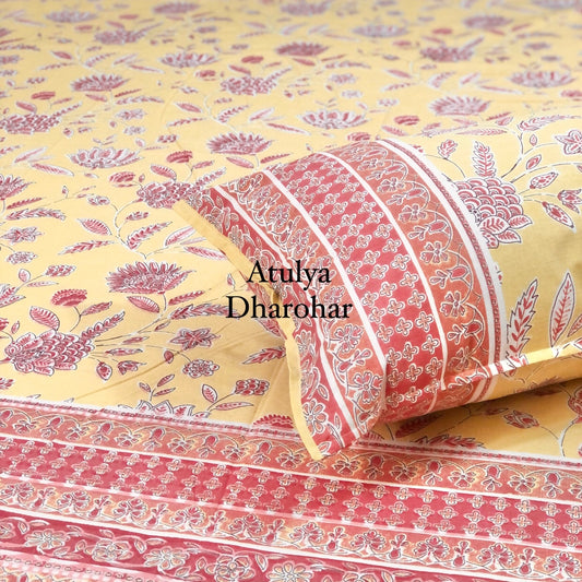 Yellow and Pink Floral Jaal Super King Bedsheet