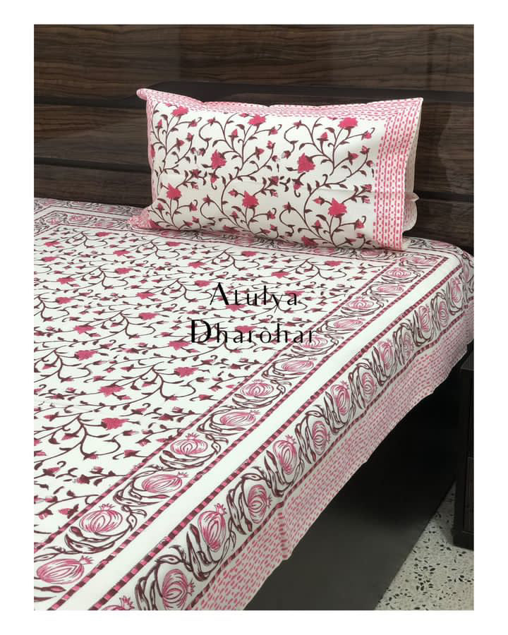 Pink Floral Jaal Single Hand Block Bedsheet