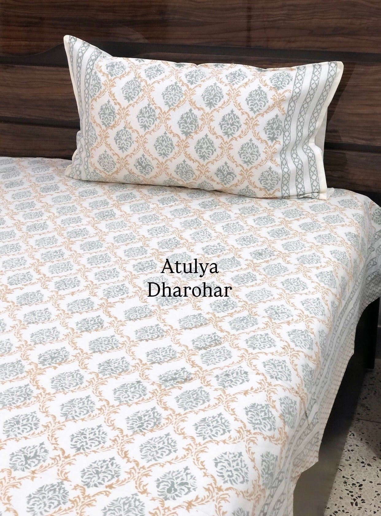 Golden Brown and Grey Green Mughal Jaal Hand Block Super King Cotton Bedsheet