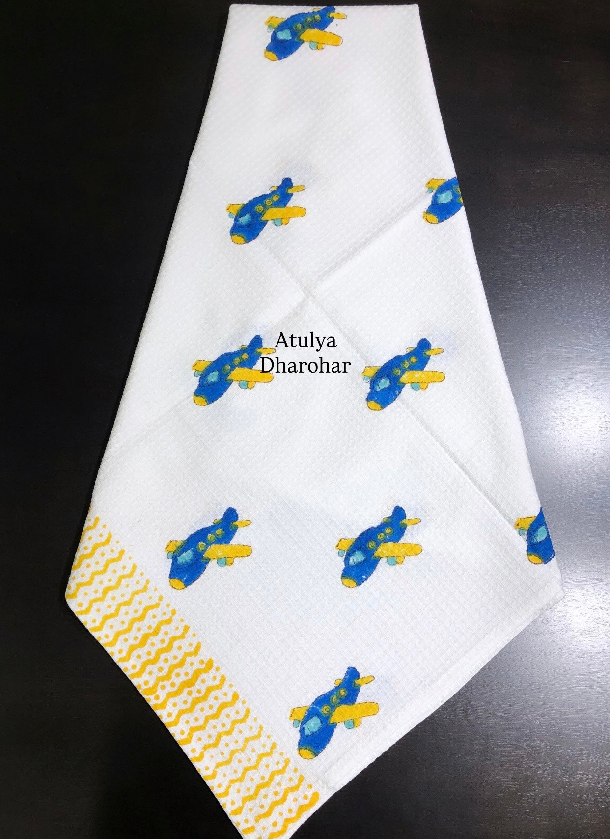 Flying Plane Hand Block Printed Waffle Cotton Kids Towel