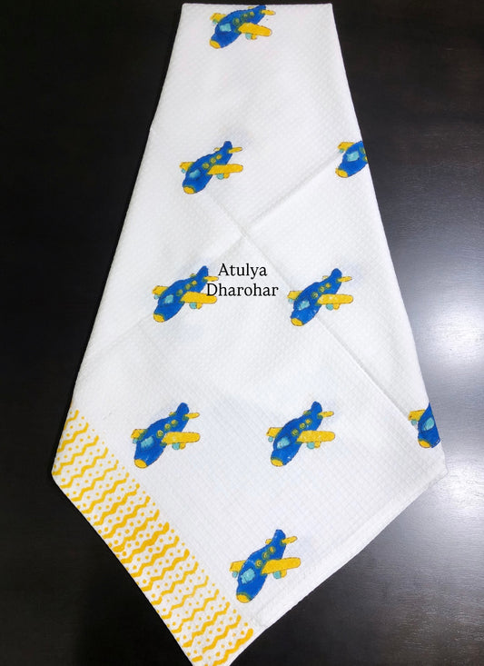 Flying Plane Hand Block Printed Waffle Cotton Kids Towel