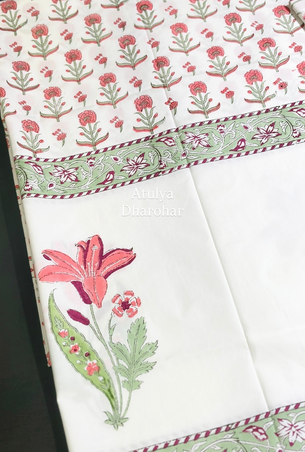 Pink Floral Motifs Percale Cotton Hand Block Printed Super King Bedsheet