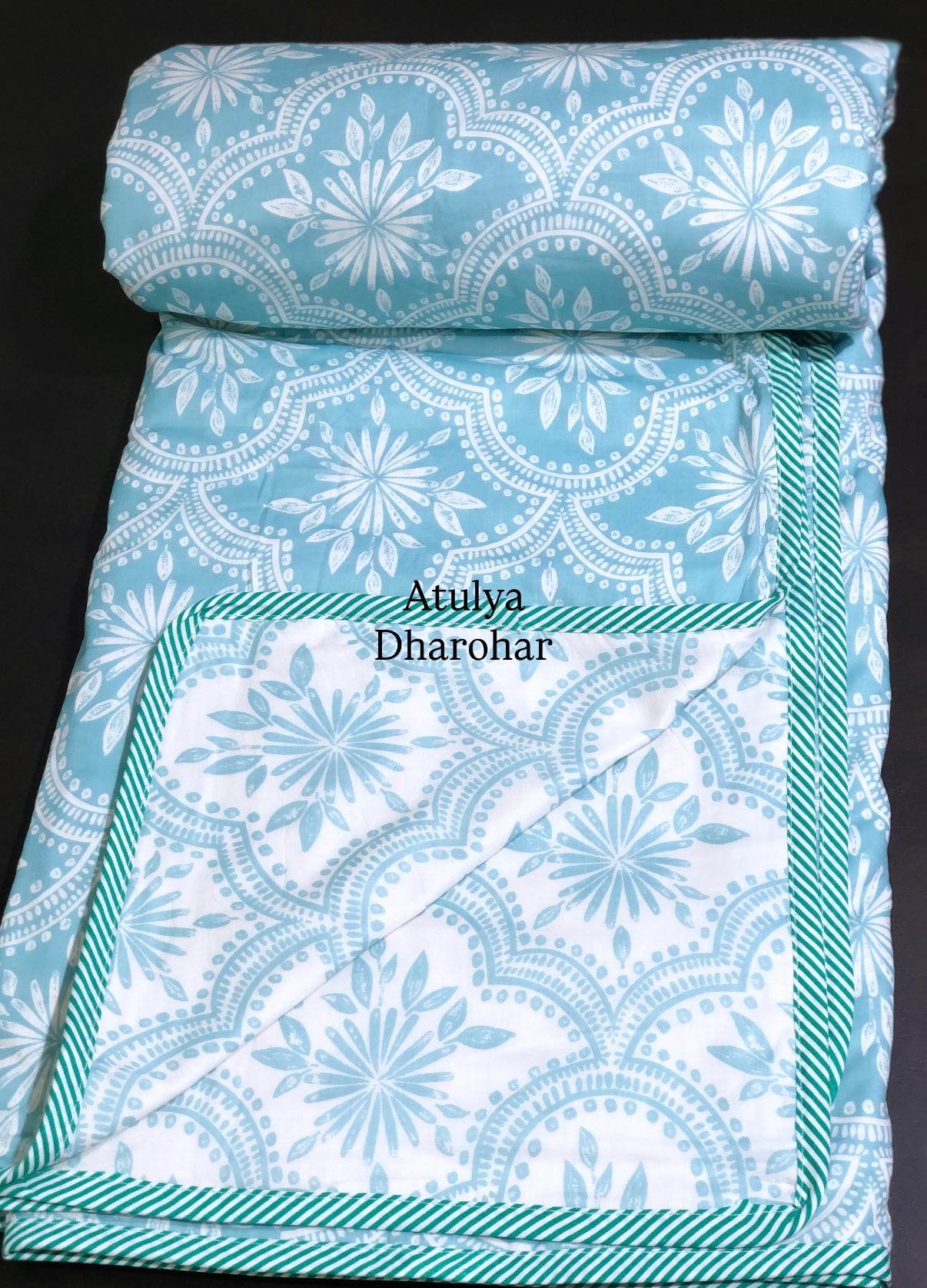 Turquoise Mughal Jaal Mulmul Double Bed Dohar