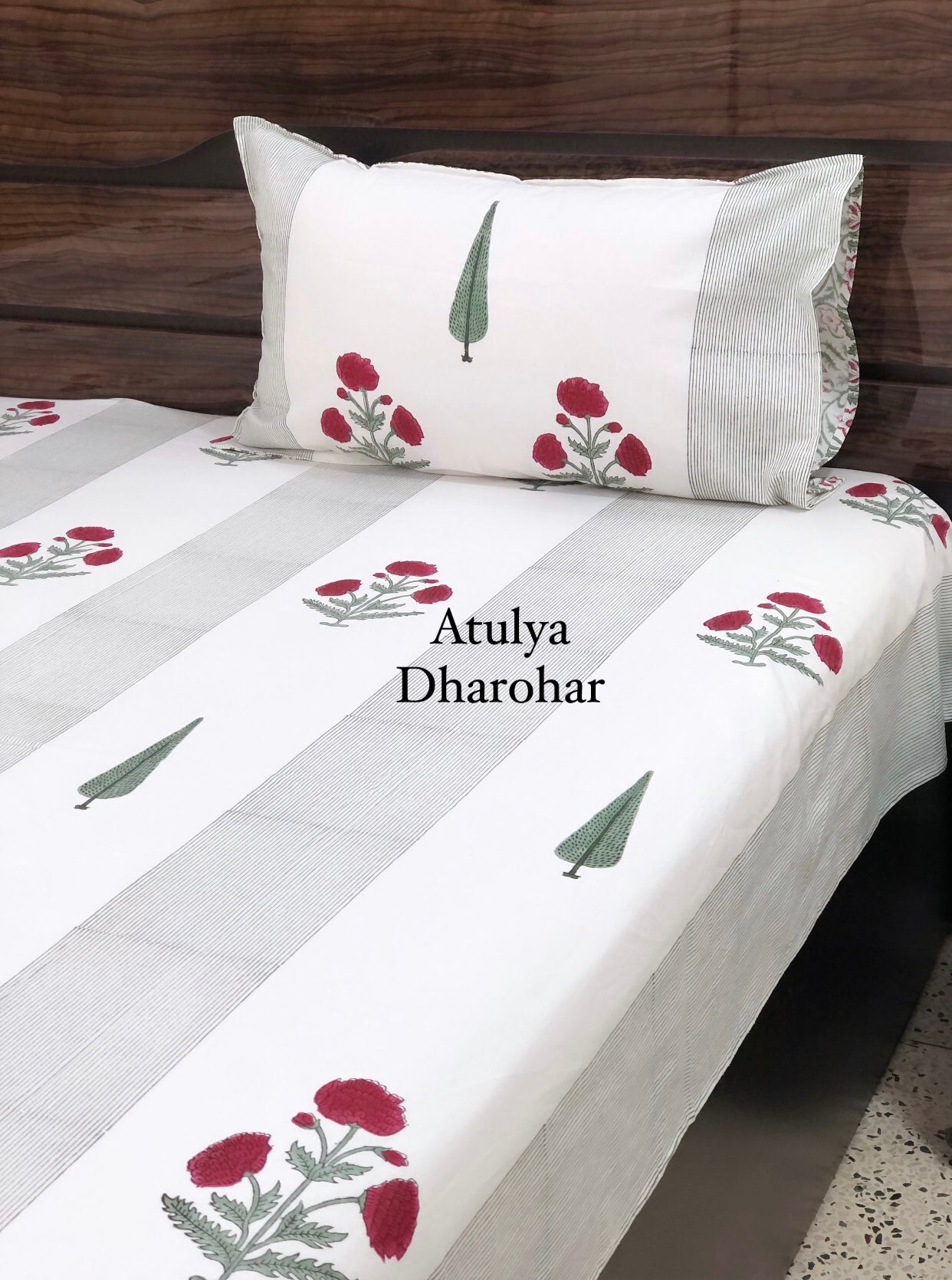 Pinkish Red Marigold with Pine Tree Motifs Hand Block Printed Super King Bedsheet