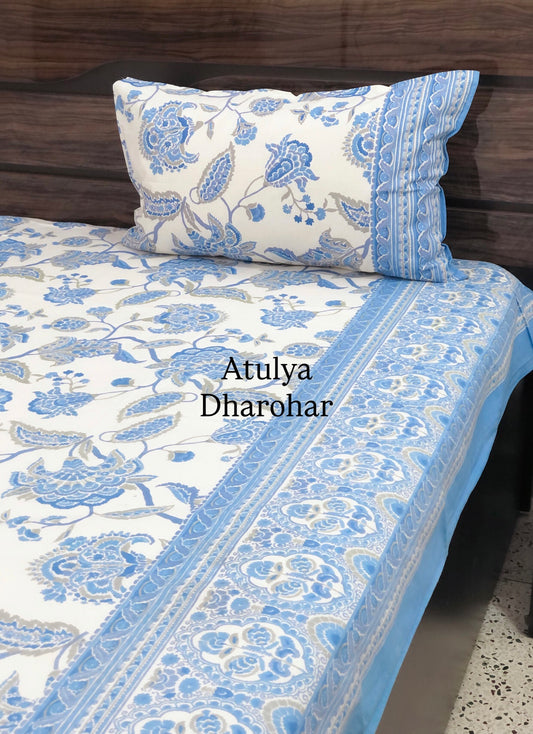 Blue Floral Jaal King Size Bedsheet