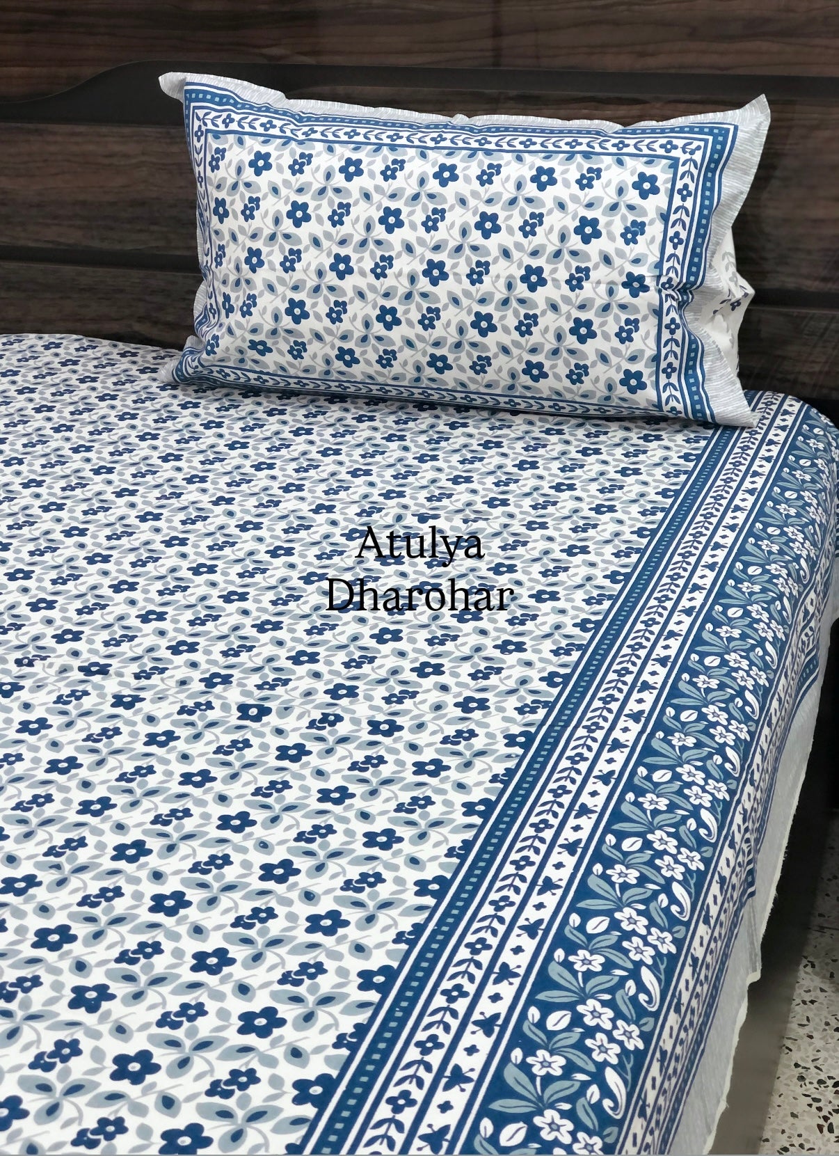 Blue Floral Jaal Cotton King Size Bedsheet