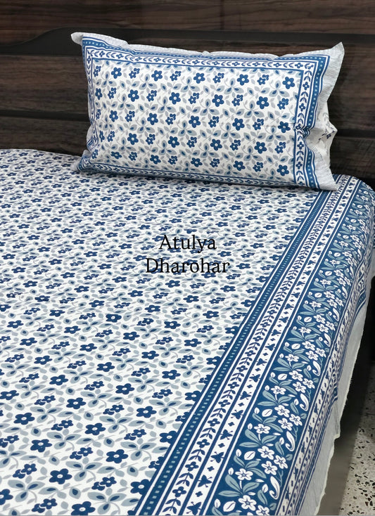 Blue Floral Jaal Cotton King Size Bedsheet