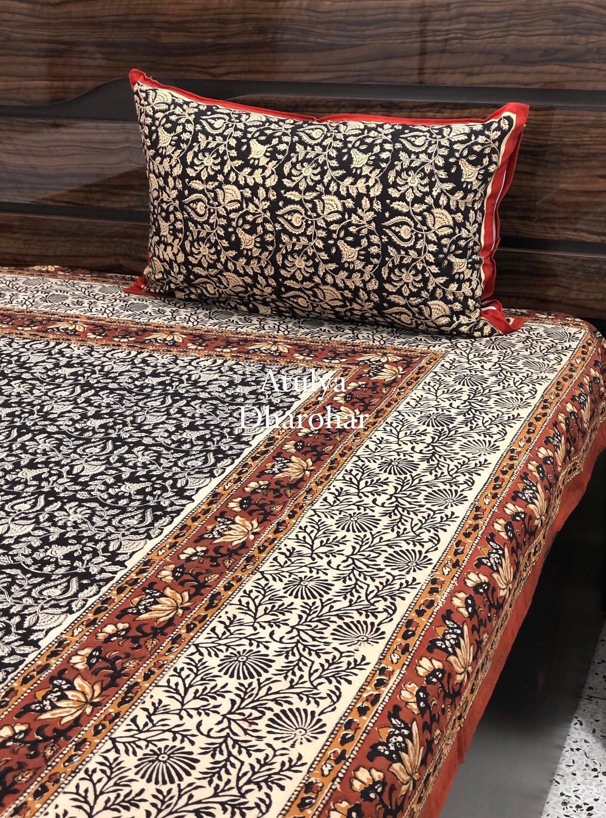 Black Kalamkari Hand Block Printed Single Bedsheet