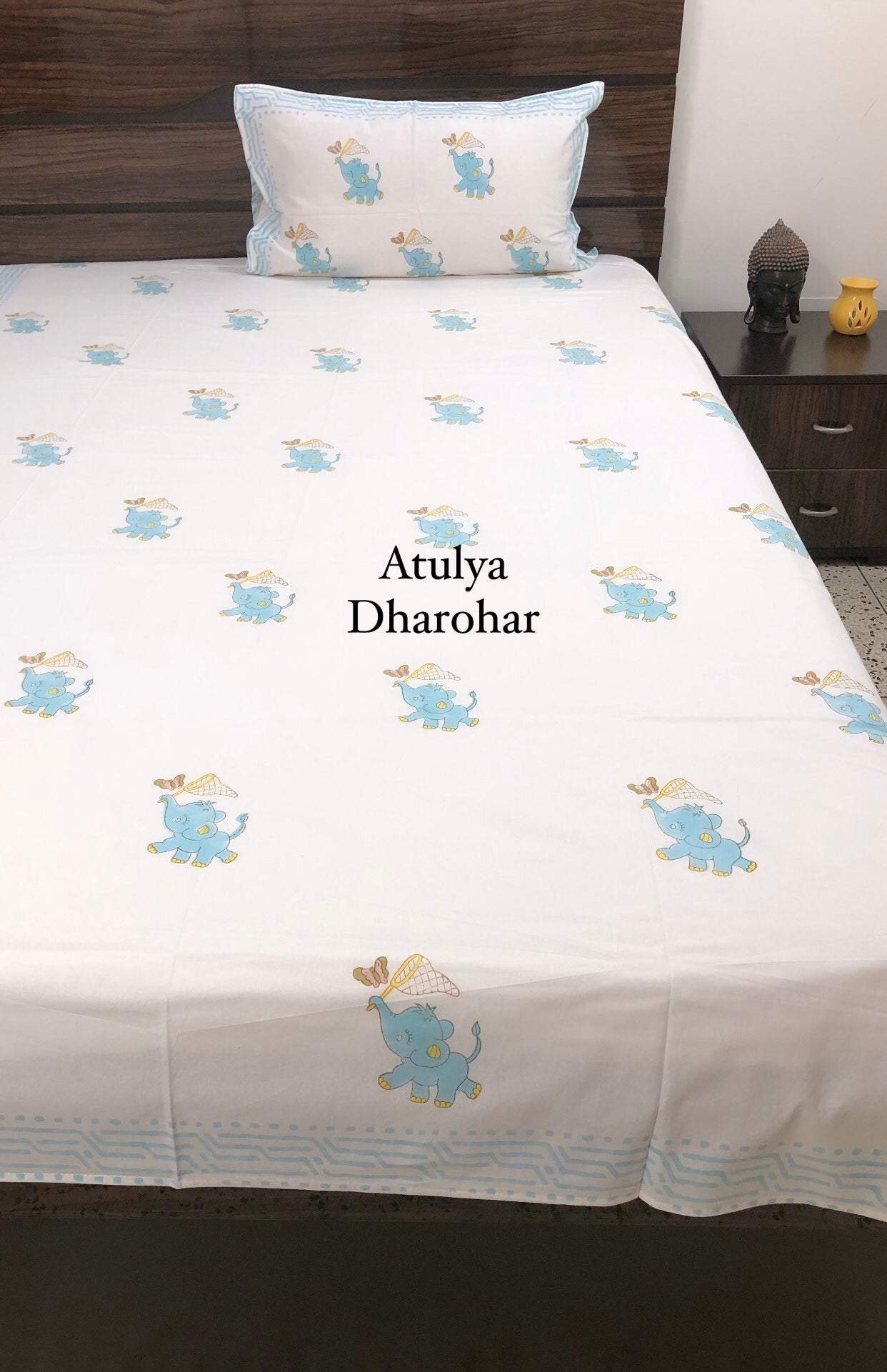 Elephant with Butterfly Kids Hand Block Printed Single Bedsheet