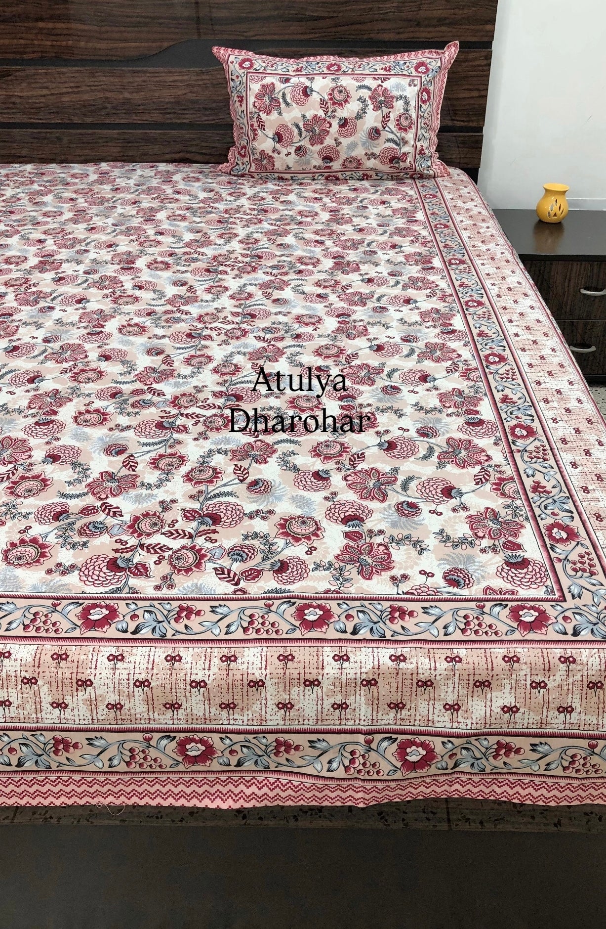 Red and Grey Floral Jaal Cotton King Size Bedsheet
