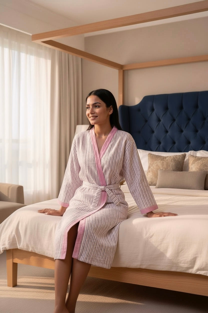 Pink and Green Strips Hand Block Printed Waffle Cotton Bathrobe