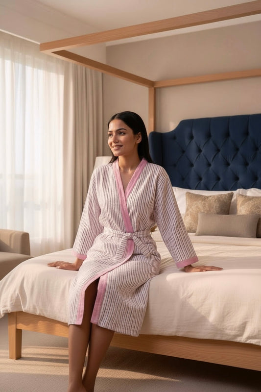 Pink and Green Strips Hand Block Printed Waffle Cotton Bathrobe