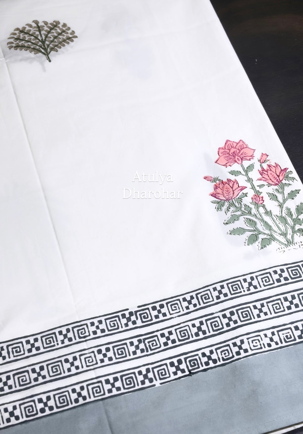 Pink and Orange Floral Motifs Percale Cotton Hand Block Printed Super King Bedsheet