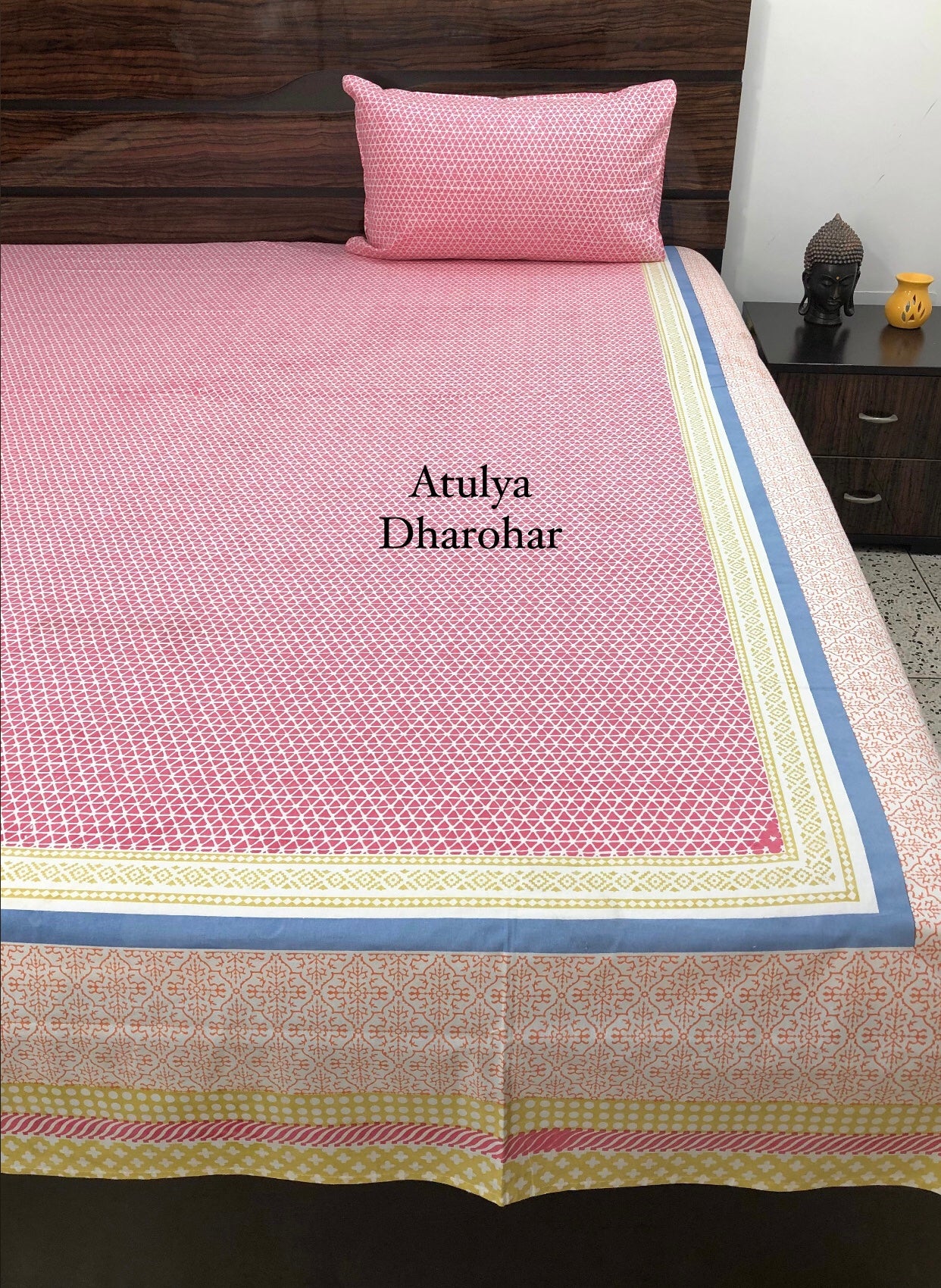 Pink Geometric with Mughal Jaal Bedsheet